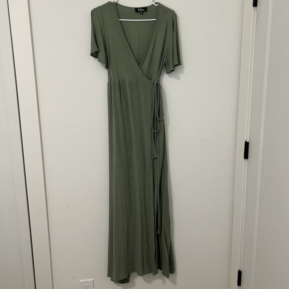 Lulus Dress Womens Large Much Obliged Washed Olive Green Wrap Maxi - Picture 1 of 10